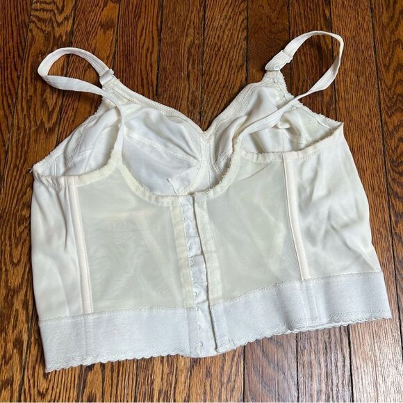 Vintage 1960s / 1970s Ivory Mesh Panel Long Line Soft Cup Bra Corset Bustier - Picture 4 of 13